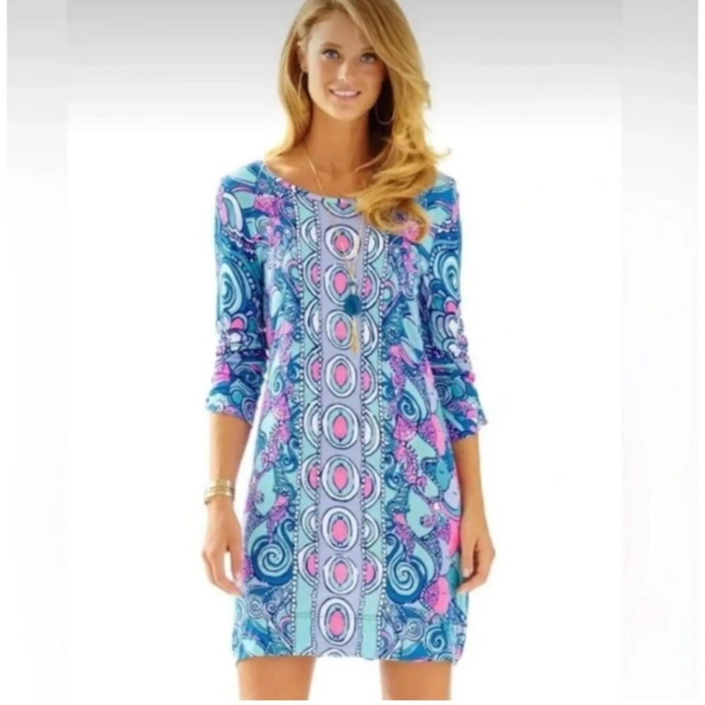 Lilly Pulitzer Linden Dress Sea Jewels 100% Pima Cotton Blue Pink Shift Size XS
